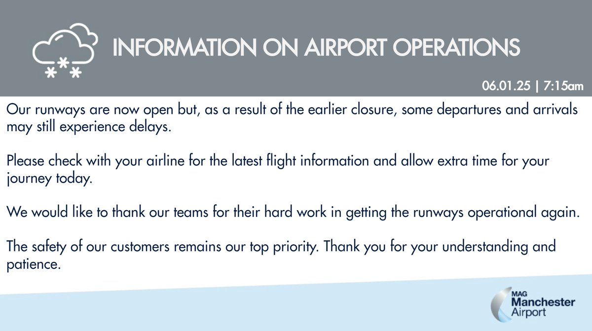 ℹ️ 06.01.25 | 7:15am​

Information for passengers due to travel from <a href="/manairport/">Manchester Airport</a>.