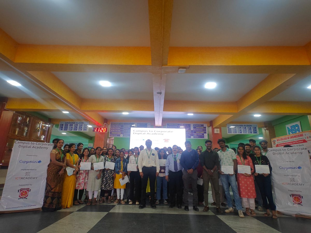 acscebangalore's tweet image. 🌟 “Campus to Corporate Digital Academy” Valedictory 🌟

#ACS_College_of_Engineering&apos;s #CSEDept, in collaboration with #Capgemini &amp;amp; #ICT_Academy, celebrated the journey of students bridging academics &amp;amp; industry.

🎓 Congrats to all achievers!

#CampusToCorporate #SkillDevelopment