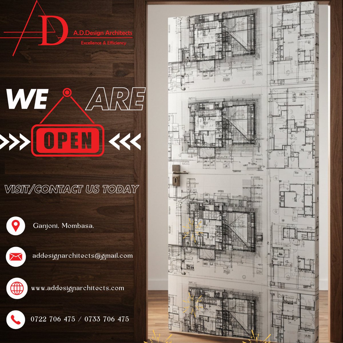 ADDesignArch's tweet photo. We open our doors today!
Feel free to come visit us or contact us through any of the mentioned channels, and we will be sure to engage with you.
Happy New Year, and we will be looking forward to engaging with you.
#WeOpen #ArchitectureKE #addesigns https://t.co/IYYHdzyq8h