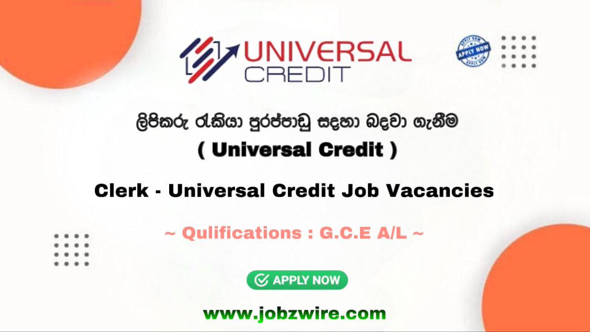 JobzWire's tweet photo. Clerk - Universal Credit Job Vacancies 🚨

📌 Position: Clerk
📍 Location: Sri Lanka
💸 Salary: Competitive

👉 𝗔𝗽𝗽𝗹𝘆 𝗡𝗼𝘄 : https://t.co/bhcEaa48qY

⏳ 𝗗𝗲𝗮𝗱𝗹𝗶𝗻𝗲 : 2025 January 20

#WeAreHiring #ApplyNow #CareerOpportunity #JobzWire #srilankajobs #රැකියා https://t.co/FWk3YBECA4
