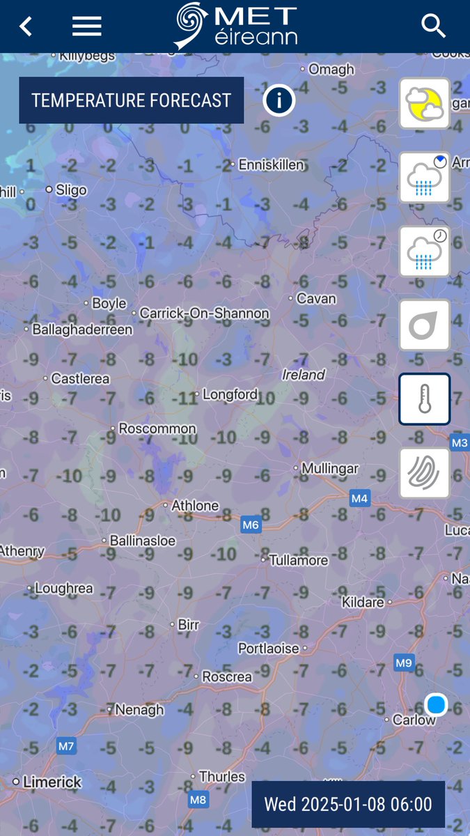 Latest forecast for Tuesday night temperatures from Met Éireann HARMONIE model shows many areas below -6c with lowest temperature possibly getting as low as -11c.