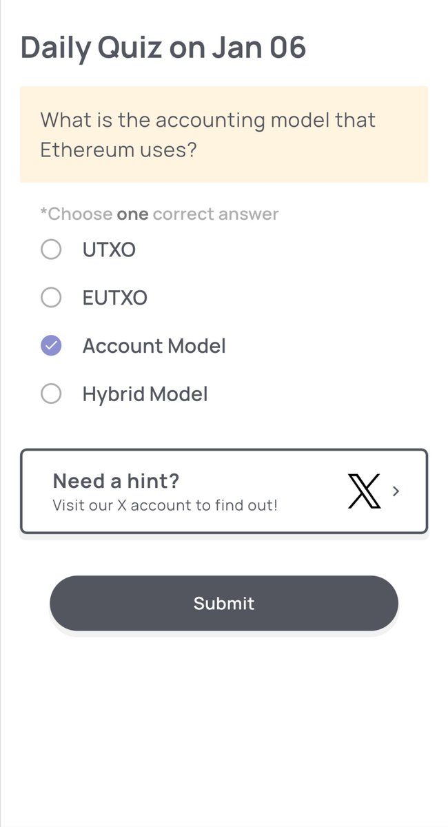 OfficialDenzZ_'s tweet photo. Xenea's Daily Quiz: 6th January 2025 

What is the accounting model that Ethereum uses?

Correct answer: Account Model.

#Ethereum #AccountModel #CryptoKnowledge #Blockchain #DailyQuiz #LearnCrypto #CryptoEducation #EthereumFacts #CryptoTrivia https://t.co/v6skiRZXs2