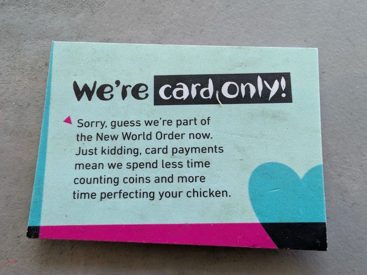 robprogressive's tweet image. Shame on Nando’s. Utter Disgrace 

@NandosUK are the next big company to BAN cash 

They say it’s to ’save time counting coins’, but do you really believe that?

(Quite ironic how they’ve referenced the ’New World Order’ - cough) 

Cashless means more tracking, taxing, fee…