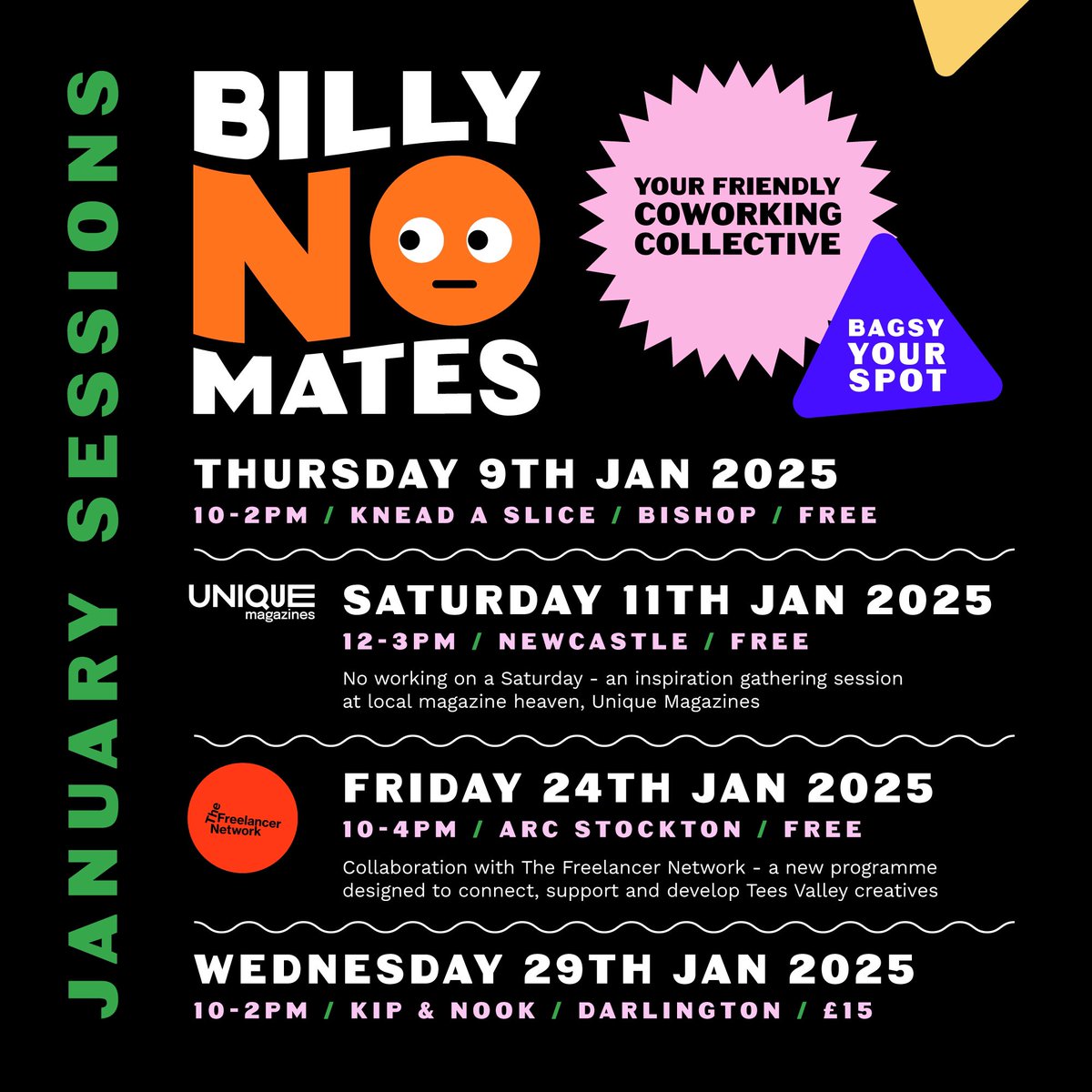 If you’re feeling ready to get out and about again we’d love you to join us at one of our January sessions 👀 We have two new collaborations as our usual monthly hang outs in Bishop Auckland and at Kip and Nook 🧡 billynomates.eventbrite.com

 #billynomatescowork
