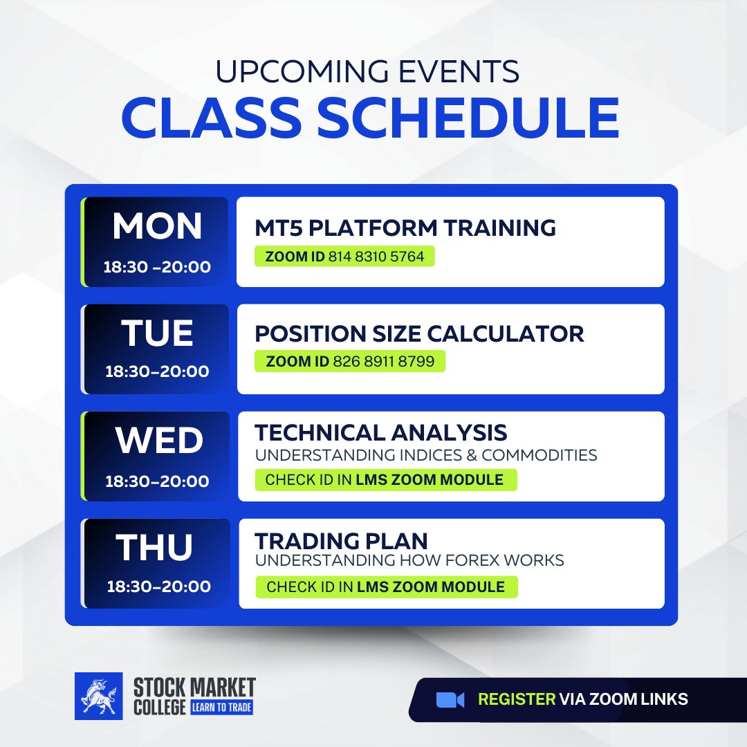 StockMarketClg's tweet image. New week means more opportunities to learn new skills! Have a look at our updated class schedule for the week.

Register on stockmarketcollege.com/class-schedule

For support, our technical team is available via live chat.

#classschedule #learntotrade #onlinetradingcollege #strongfoundation