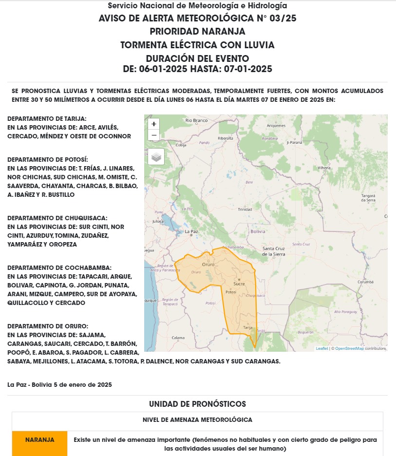 SENAMHI_BOLIVIA's tweet photo. 📌🔸AVISO DE ALERTA METEOROLÓGICA N° 03/25
PRIORIDAD NARANJA🔸
TORMENTA ELÉCTRICA CON LLUVIA
➡DURACIÓN DEL EVENTO
DESDE: 06 DE ENERO DE 2025 HASTA: 07 DE ENERO DE 2025 https://t.co/HGxtbT9Qe1
#UnArbolUnaGotaDeAgua
#MMAyA
#cadadatocuenta
#UnidosRumboAlBicentenario https://t.co/J0GlloqogQ