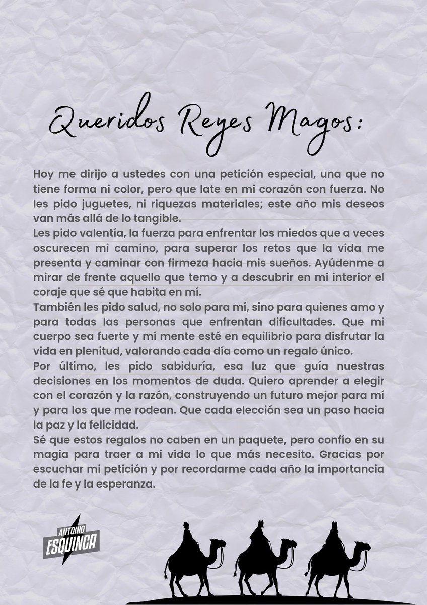 aesquinca's tweet image. ¿Ya hicieron su cartita a los #ReyesMagos?

Yo les comparto la mía y deseo que la magia de esta noche llene su corazón de paz, amor y esperanza.

#EfectoPositivo