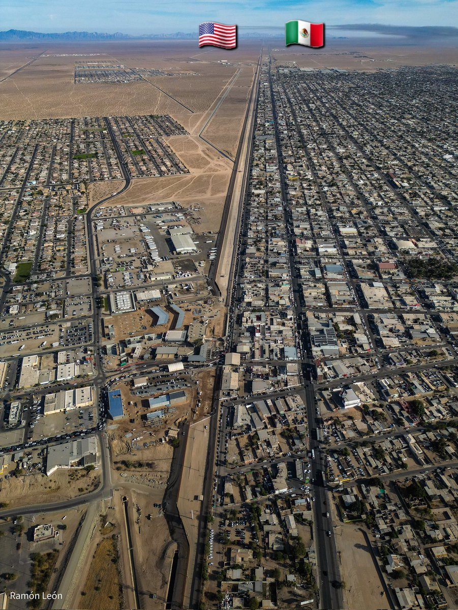 Dos muros de acero separan a San Luis México 🇲🇽 de San Luis Estados Unidos 🇺🇲, solo que San Luis Río Colorado Sonora se desarrolló en paralelo a la línea divisoria haciéndola parte de la ciudad, mientras que San Luis Arizona mantiene una zona libre de construcciones, a excepción