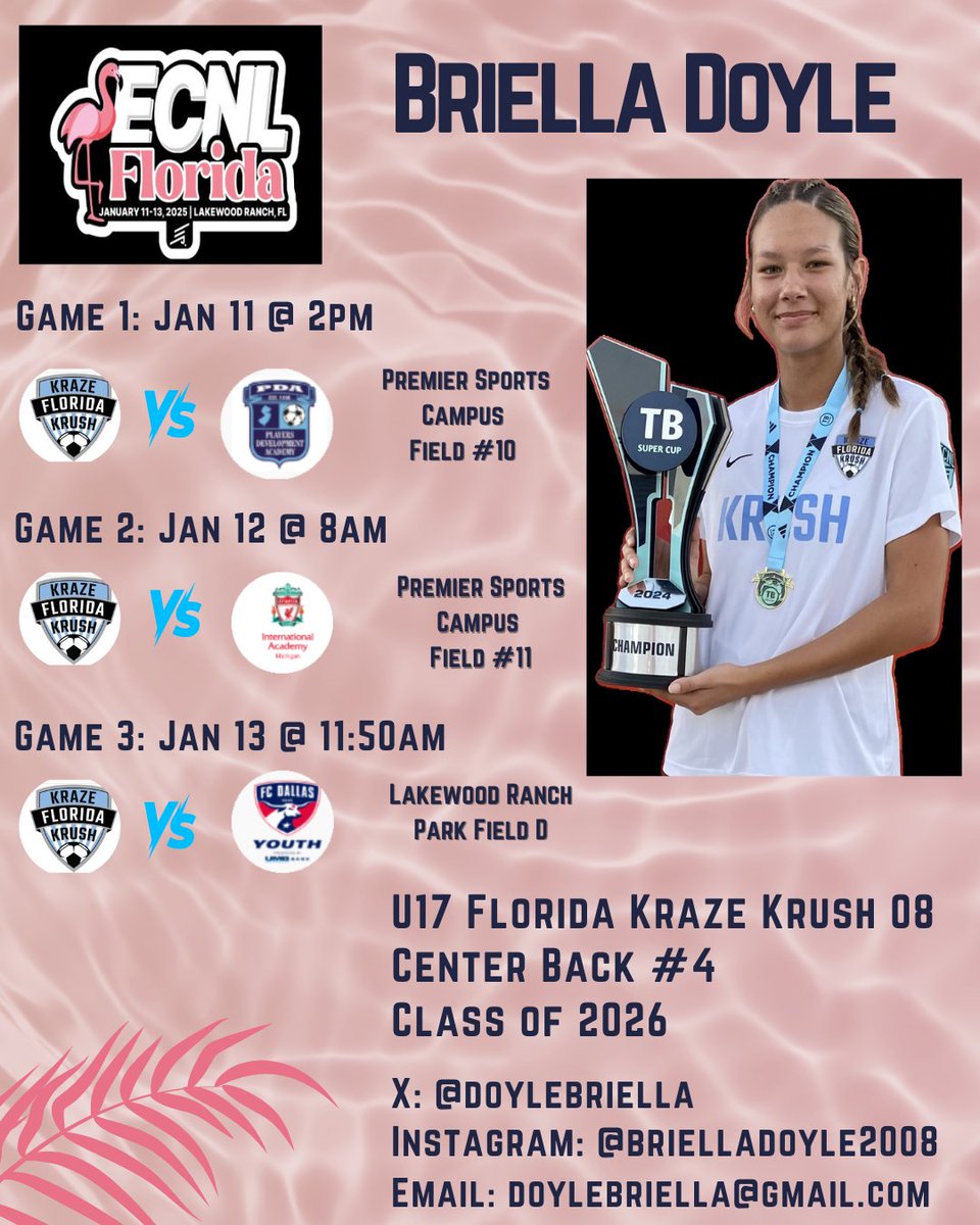 Schedule update made for Game 3. Only 6 days away!
<a href="/ECNLgirls/">ECNL Girls</a> <a href="/ImYouthSoccer/">ECNL/GA/Recruiting/College Soccer</a> <a href="/FlKrazeKrush/">Florida Kraze Krush</a>