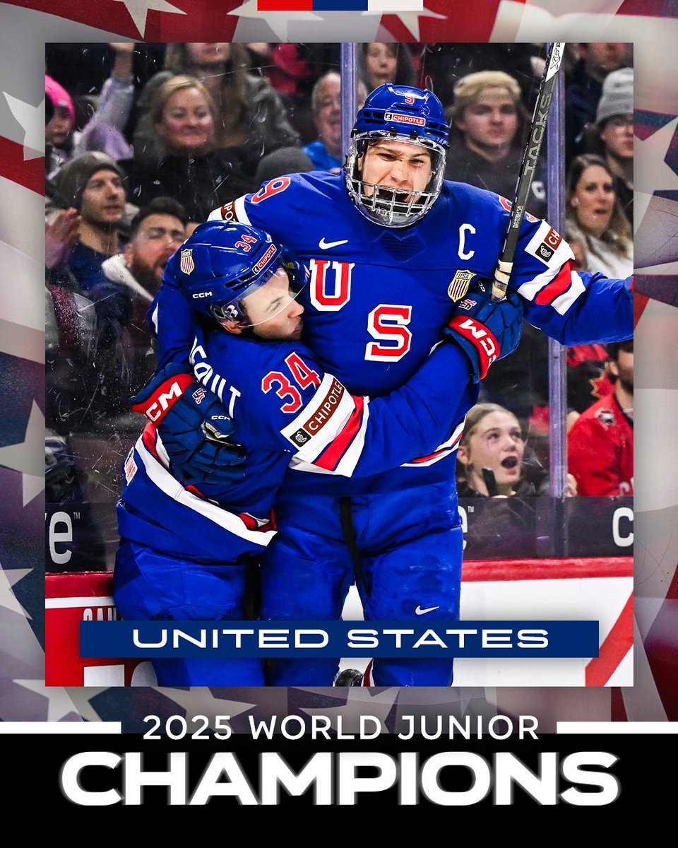 espn's tweet image. BACK-TO-BACK 🥇 🇺🇸

TEAM USA COMES BACK FROM A 2-GOAL DEFICIT TO WIN GOLD IN OT AT THE WORLD JUNIORS‼️