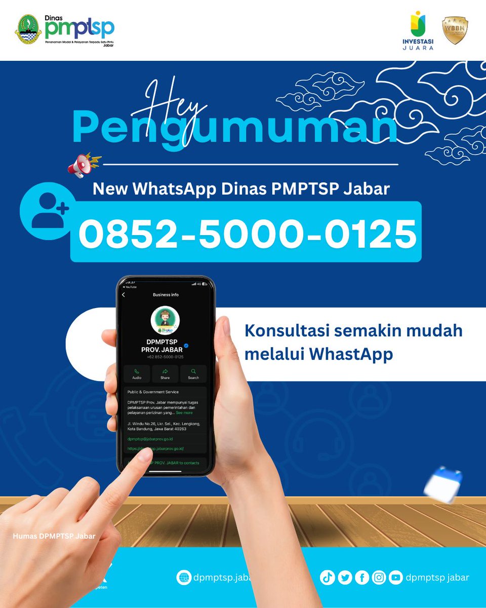 Hai Sobat DPMPTSP!
Kini kamu bisa konsultasi lebih mudah lewat WhatsApp! 📲✨
Cukup simpan nomor resmi kami di: 0852-5000-0125
Jangan lupa save ya, supaya Sobat bisa langsung chat kapan saja! 😊