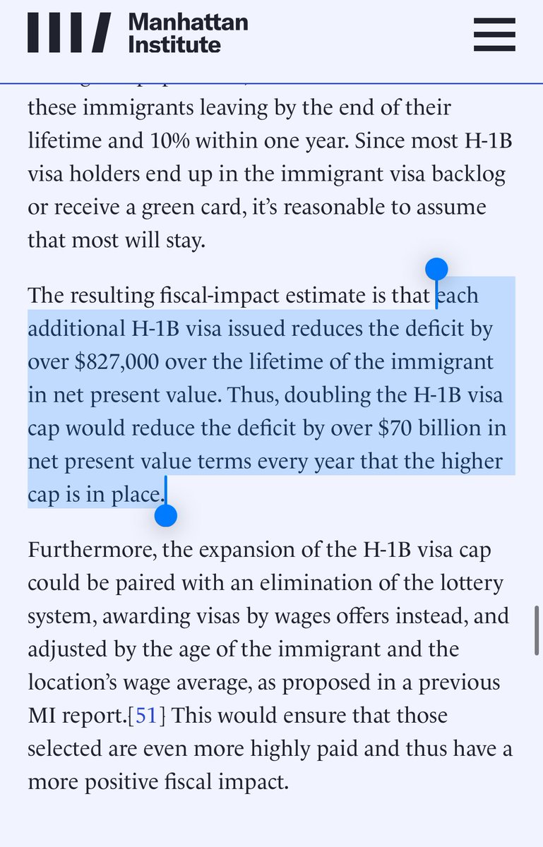 RichardHanania's tweet photo. “each additional H-1B visa issued reduces the deficit by over $827,000… Thus, doubling the H-1B visa cap would reduce the deficit by over $70 billion in net present value terms every year.”

Insane we aren’t trying to fill the country with as many of these people as possible. https://t.co/J2VDKSSq00