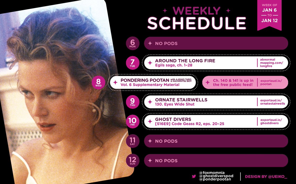 Weekly schedule! We start a new saga on ALF, Pondering Pootan ponders tarot cards, Stairwells experiences the highs of Eyes Wide Shut and the lows of Nosferatu, and Ghost Divers wraps up our discussion of Code Geass!