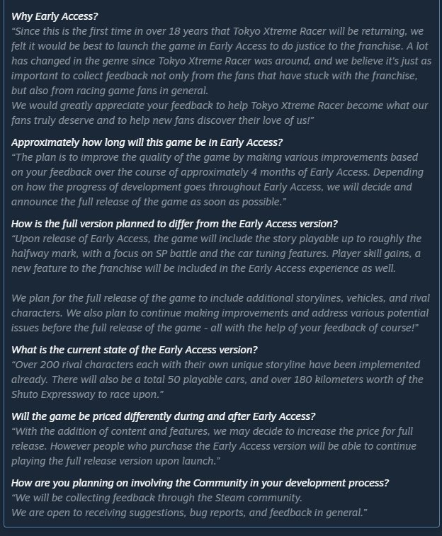 TOKYO XTREME RACER is launching in Early Access on January 22nd!

The Early Access version will include roughly half of the Story, with 50 playable cars, 200 unique Rival characters and 'over 180km of the Shuto Expressway to race on'.

Full Details store.steampowered.com/app/2634950/To…