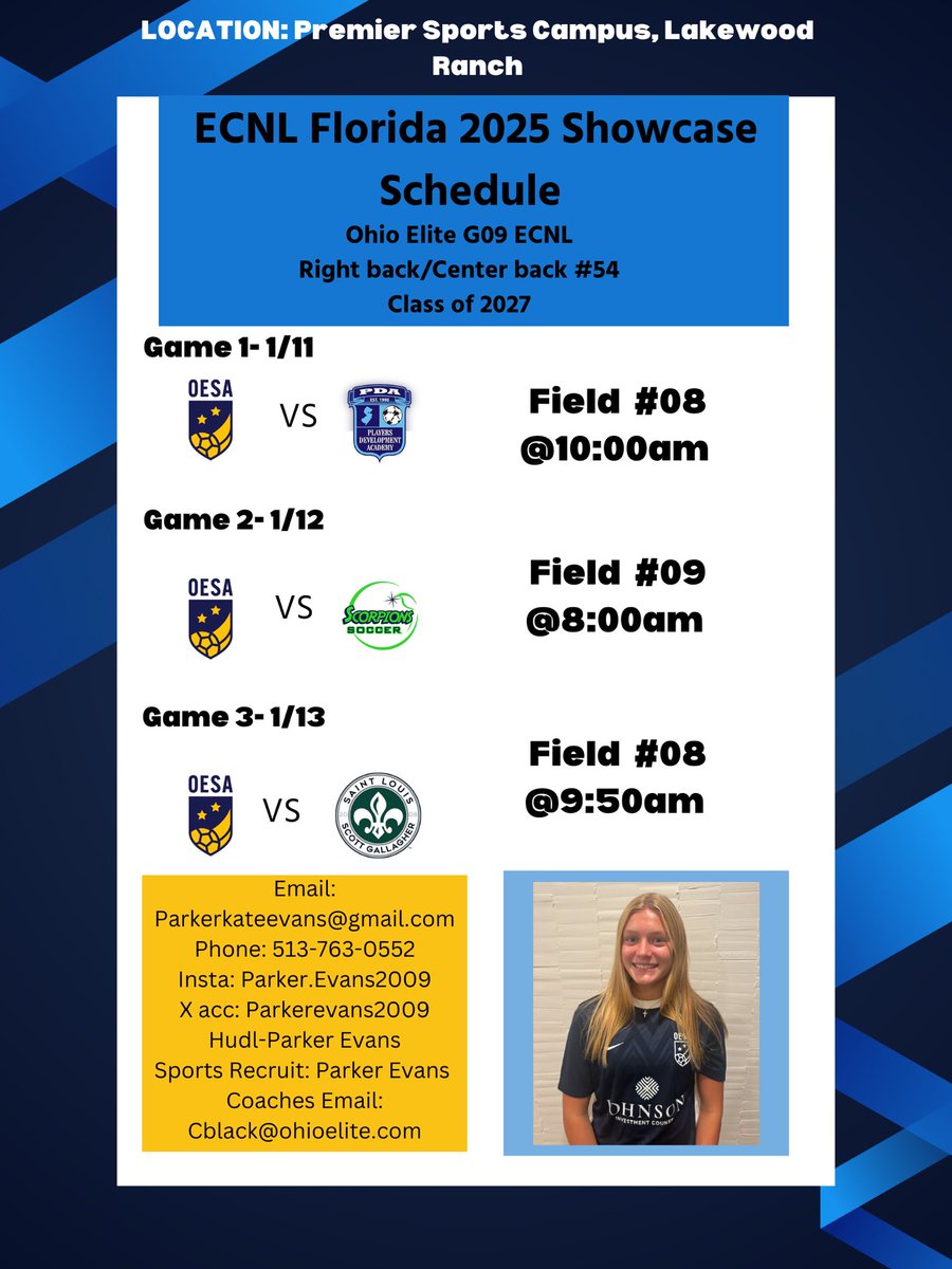 Parker Evans 2027 (@parkerevans2009) on Twitter photo Come and watch Ohio Elite G09 Team play some tough competition at the #ECNLFL showcase!
<a href="/ohioelite/">Ohio Elite Soccer Academy</a> <a href="/ECNLgirls/">ECNL Girls</a> <a href="/ImYouthSoccer/">ECNL/GA/Recruiting/College Soccer</a> <a href="/PrepSoccer/">Prep Soccer ⚽️</a> <a href="/TopDrawerSoccer/">TopDrawerSoccer</a> <a href="/ImCollegeSoccer/">College Soccer Truth ™</a> <a href="/TheSoccerWire/">SoccerWire</a> Come and watch Ohio Elite G09 Team play some tough competition at the #ECNLFL showcase!
<a href="/ohioelite/">Ohio Elite Soccer Academy</a> <a href="/ECNLgirls/">ECNL Girls</a> <a href="/ImYouthSoccer/">ECNL/GA/Recruiting/College Soccer</a> <a href="/PrepSoccer/">Prep Soccer ⚽️</a> <a href="/TopDrawerSoccer/">TopDrawerSoccer</a> <a href="/ImCollegeSoccer/">College Soccer Truth ™</a> <a href="/TheSoccerWire/">SoccerWire</a>