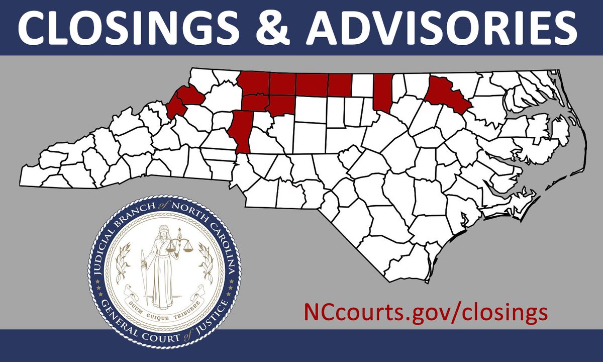 NCCourts's tweet image. As of 11pm on Sunday, Jan. 5, 11 counties are currently reporting closings and/or advisories due to inclement weather. View active closings: buff.ly/2JxGt4P