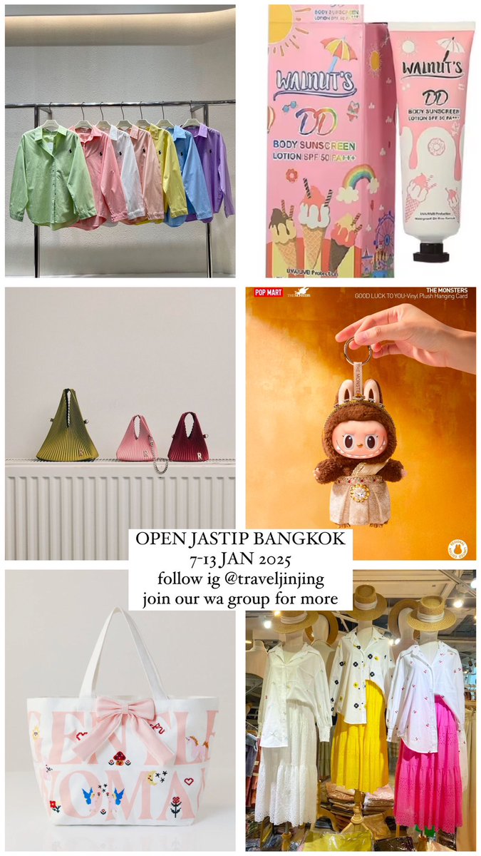 hobiirebahan's tweet photo. 🌟OPEN JASTIP BANGKOK🌟
Belanja barang-barang eksklusif dari Bangkok dengan mudah!

📅 7 - 13 Januari 2025
📍Solo
✨Open for request (gentle woman, popmart, fashion bkk, skincare bkk)

Join grup kami untuk info lebih lanjut dan pemesanan 👉 https://t.co/O924q1ji4y

wts jastip bkk https://t.co/DbQYJOWSCX