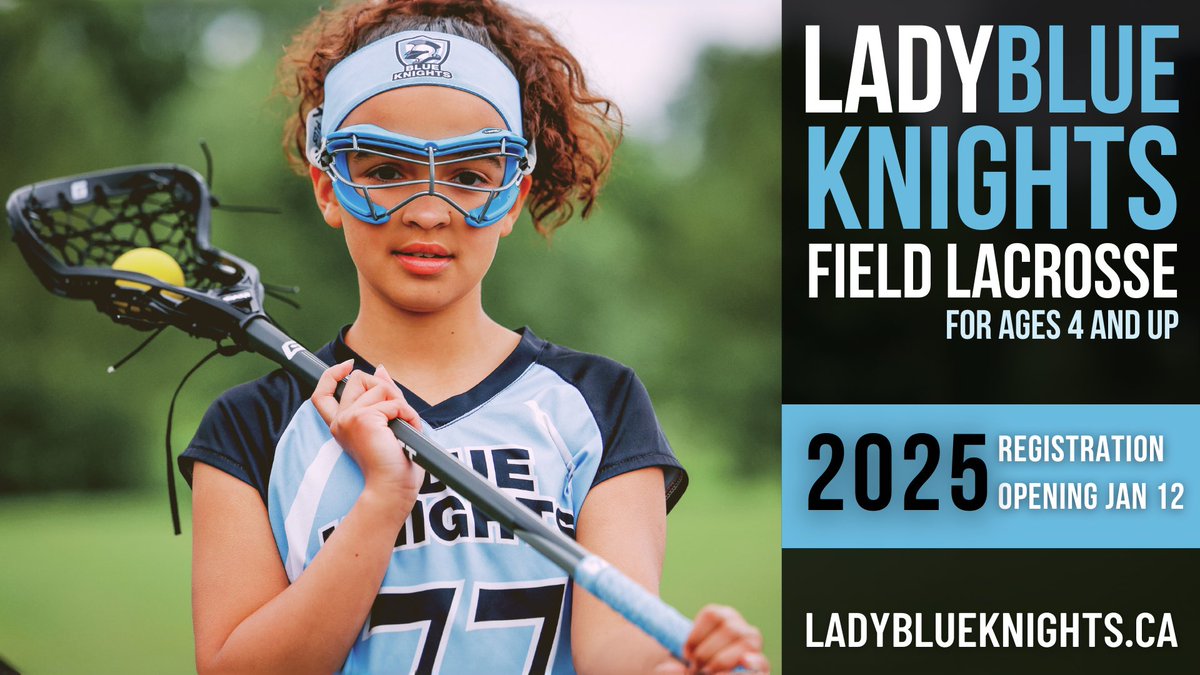 Ready to play? 🥍 Lady Blue Knights 2025 registration opens January 12! 

House League for Ages 4+ 
Rep for ages U9-U19 

Learn more at LadyBlueKnights.ca

#ladyblueknights #lbklacrosse #LBK #fieldlacrosse #lacrosse #wlax