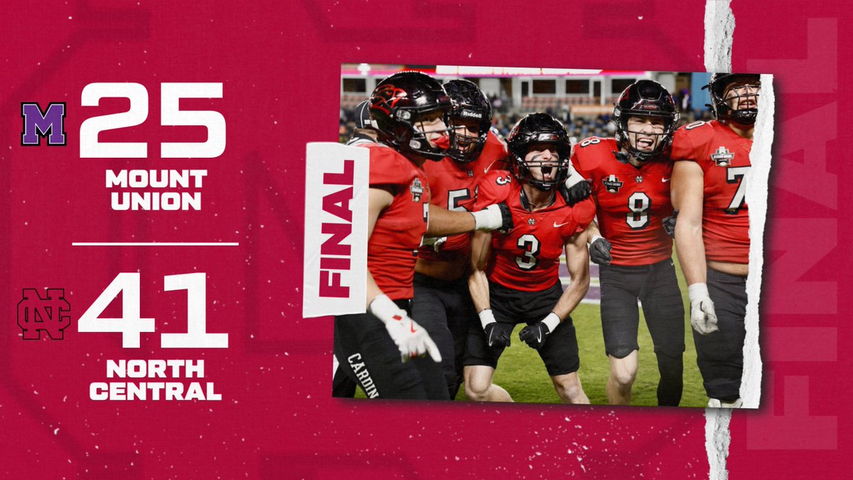 🏆🏈 NATIONAL CHAMPIONS! 🏈🏆

North Central defeats Mount Union 41-25 in Houston to win its third Stagg Bowl since 2019.

Congratulations, Cardinals!

#d3fb | #CCIWwins | <a href="/football_ncc/">NCC Football</a>