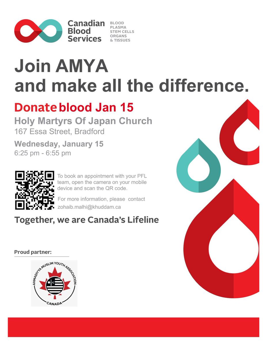 As part of Ahmadiyya Muslim Youth Association Canada's nationwide blood donation campaign, our Muslim Youth from Bradford Chapter is donating blood.

🗓️ Jan 15, 2025
🕛 6:25pm
📍 Holy Martyrs of Japan Church, Bradford

#CanadasLifeLine #Mercy4Mankind #Bradford