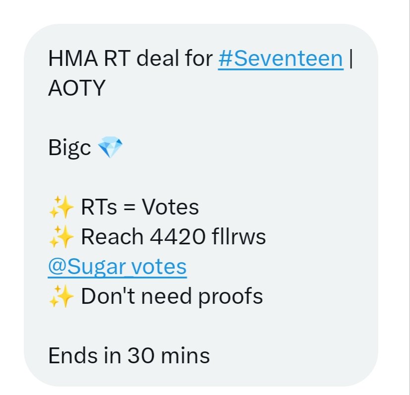 with17_till70's tweet photo. HMA RT deal for #Seventeen | AOTY

Bigc 💎

✨RTs = Votes
✨Reach 4420 fllrws @Sugar_votes
✨Don't need proofs

Ends in 30 mins https://t.co/rIuZL4xJVY