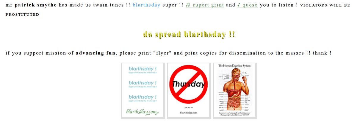 seems like a long shot but im curious if there exist archives of some of the files off of blarthsday dot com <a href="/mumbergo_net/">Mumbergo, Emblargo</a> ? internet archive doesn't have the mp3s or the third flyer