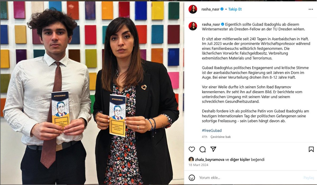 #RashaNasr, Member of the #German #Bundestag:
Dr. Ibadoghlu's political engagement and critical voice have been a thorn in the side of the Azerbaijani government for years. I am calling for his immediate release,  his life depends on it.
#freegubad