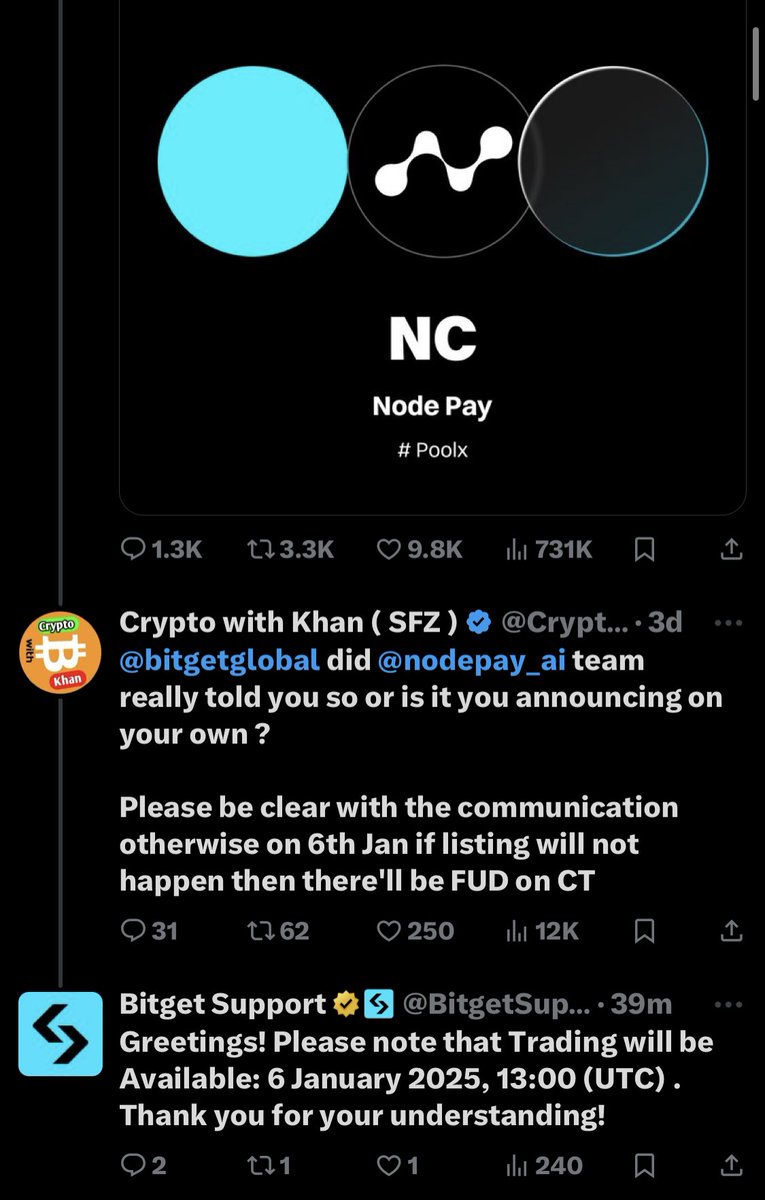 Mr_Jay_Pee's tweet photo. Bitget exchange as at today is still strongly telling us that NodePay Coin $NC will be listed today by 13hrs UTC.

Still no update from @nodepay_ai team if their token will be listed today and available for trading.

No claiming, no season 2 allocation. We wait! https://t.co/jvroFeGxbi