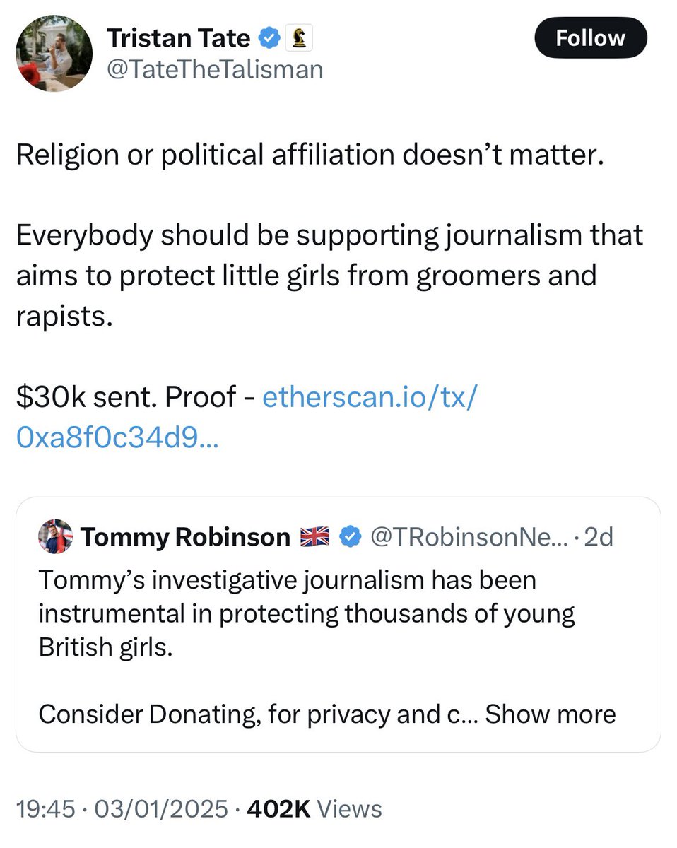So let me get this right, Tommy Robinson, defender of white girls and the nemesis of child rapists, yesterday accepted a $30,000 donation off Tristan Tate, a man accused of human trafficking and raping minors…. And then publicly thanked him.