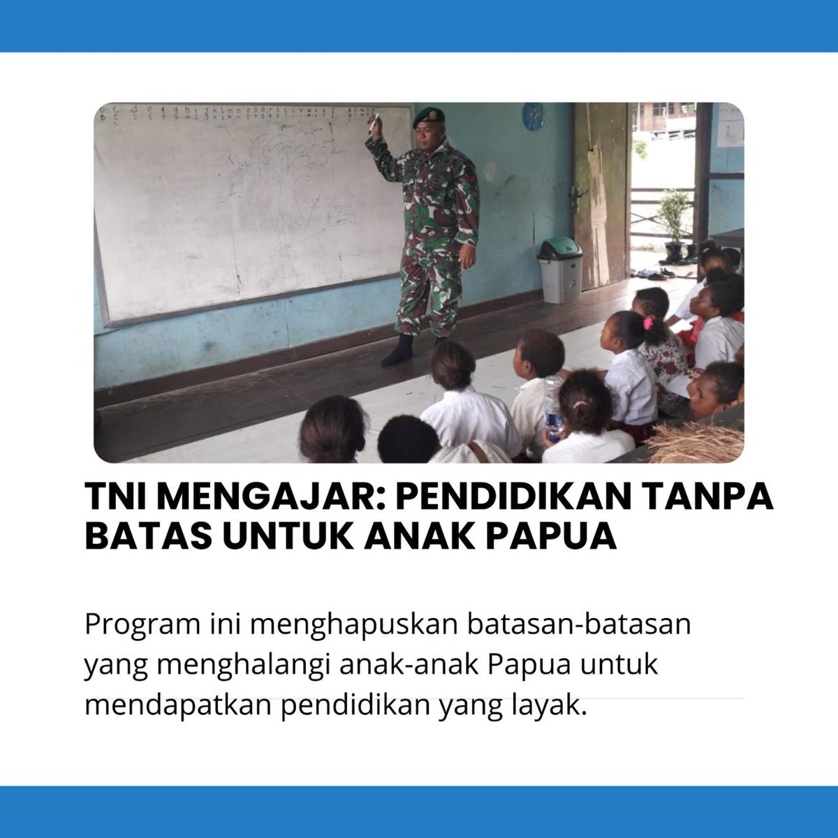 Bersama Prajurit TNI, anak-anak Papua memiliki harapan baru, keyakinan akan potensi diri, dan semangat untuk meraih cita-cita mereka.
#TNIUntukPendidikanPapua
#PendidikanUntukPapua
#TNIHadirDiPapua
#TNIMengajarPapua
#TNIUntukGenerasiPapua