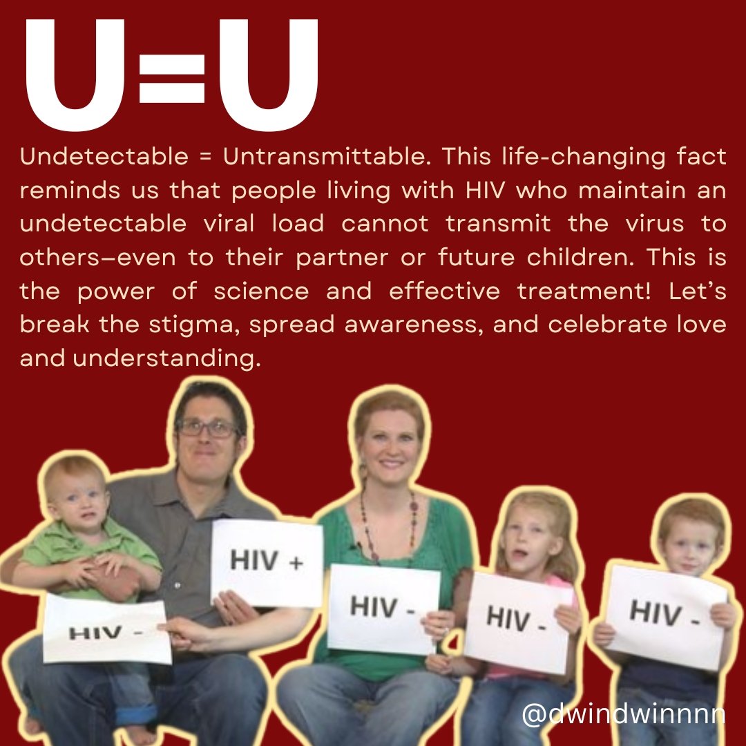 hurkyuhleez's tweet image. Undetectable = Untransmittable. This groundbreaking fact means that people living w/ HIV who maintain an undetectable viral load through effective treatment cannot transmit the virus to their partners. Even when starting a family, they won’t pass HIV to their children or partner.