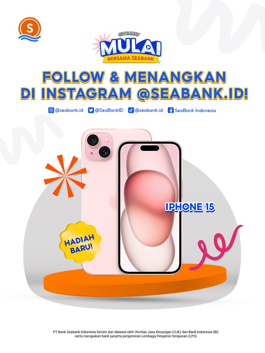 SeaBankID's tweet photo. HADIAH BARU: IPHONE 15! 🎁🧡
#MulaiBersamaSeaBank

Caranya cuma:
1. FOLLOW SEMUA media sosial SeaBank
2. LIKE &amp; RT Tweet ini
3. REPLY "MULAI BERSAMA SEABANK" serta semua username media sosial kamu
4. TAG TEMANMU

CEK selengkapnya di slide ke 2! ✨ https://t.co/t24k8ZUvvc