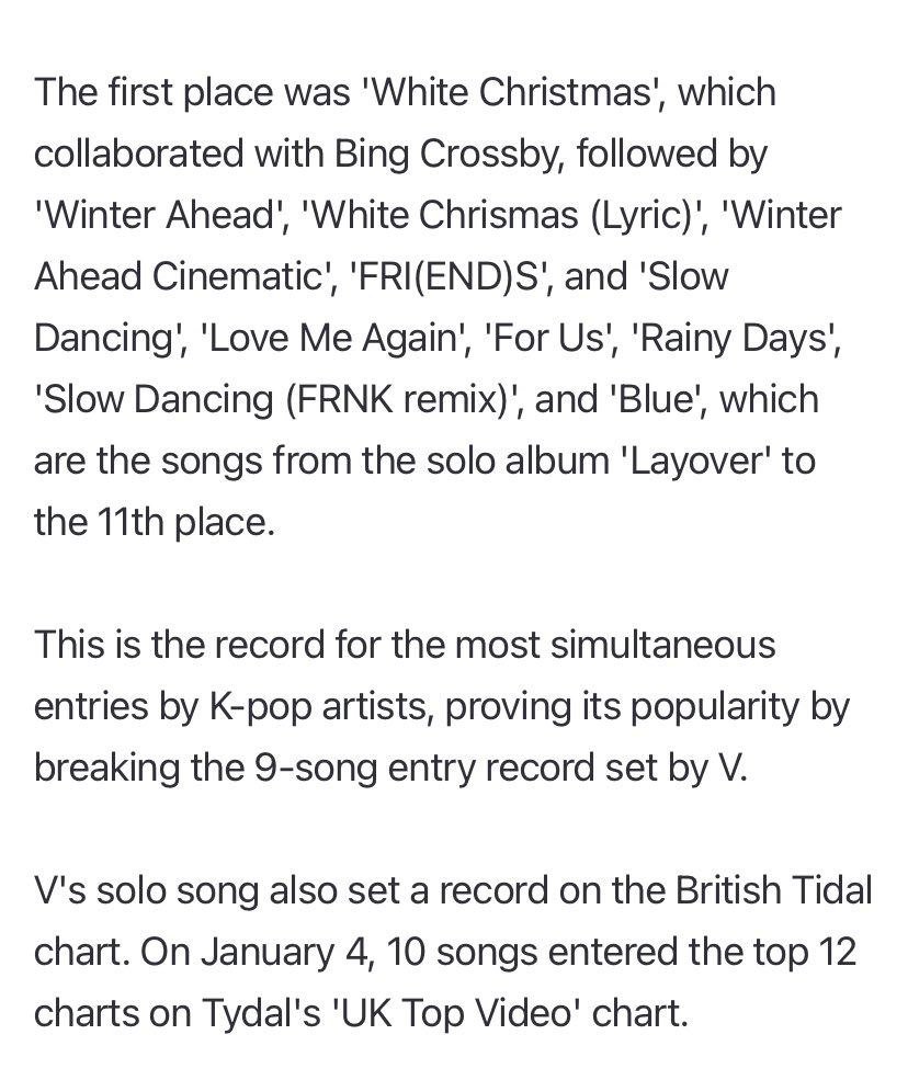 VonTidal's tweet photo. “BTS V's solo song broke the highest record for K-pop artists on the 'Tidal Top Video' charts in the United States and the United Kingdom, and became popular globally.”

“V is proving his music power by dominating the two major pop mountains, the United States and the United Kingdom's Tidal charts”

🔗https://t.co/evtLC1op1y