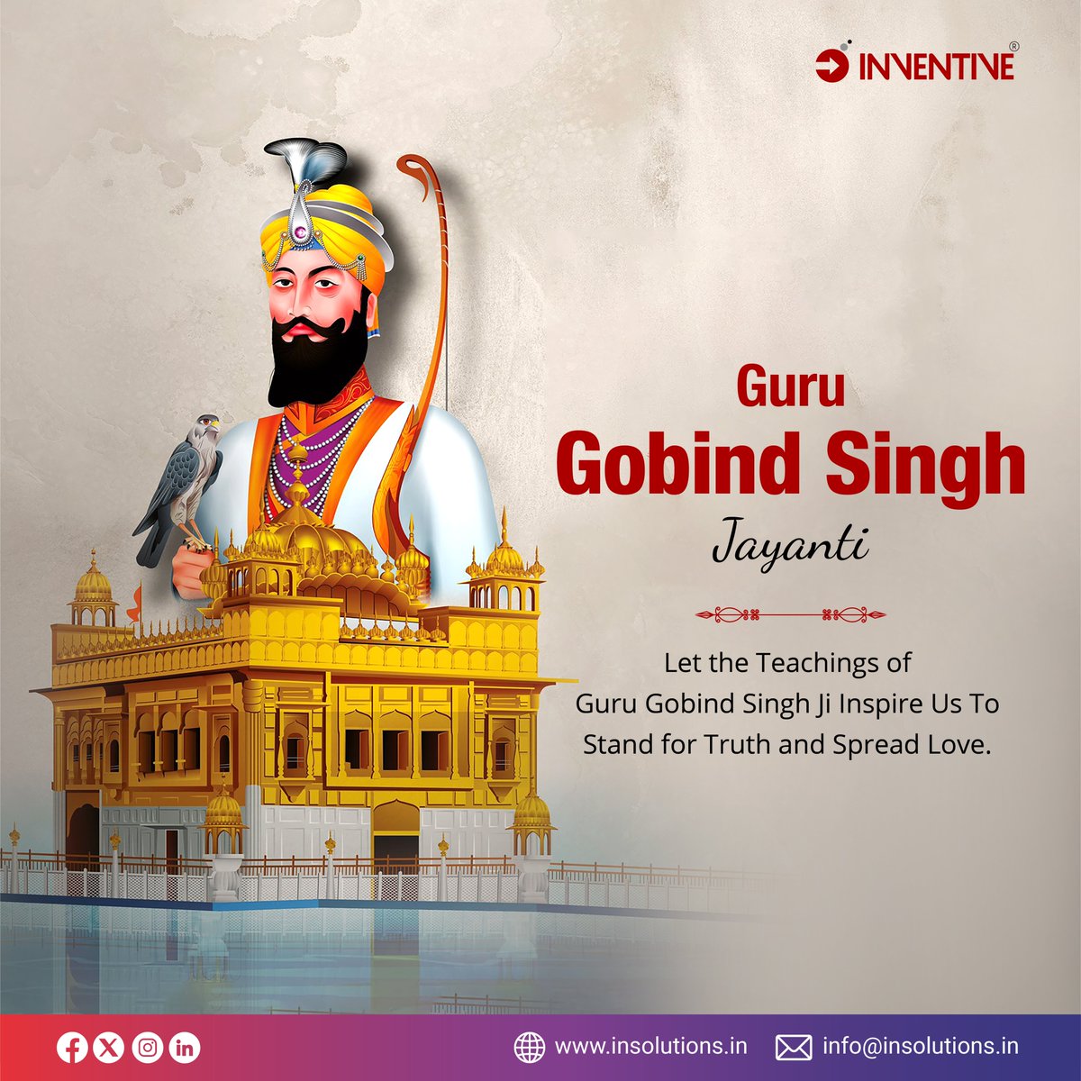 InventiveSoft's tweet photo. Let us celebrate the birth of Guru Gobind Singh Ji by embracing his teachings of justice, bravery, and unity. Wishing you a blessed Guru Gobind Singh Jayanti!

#GuruGobindSinghJayanti #KhalsaPanth #PrakashParv #GuruGobind #Inventive #InventiveSoftware https://t.co/AXmrLHtogG