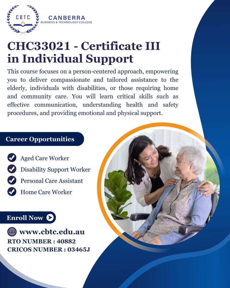 CBTCAustralia's tweet photo. Turn compassion into a career! Enroll in CHC33021 - Certificate III in Individual Support at CBTC and kickstart your journey in aged care, disability, or home care.
RTO 40882 | CRICOS 03465J
#IndividualSupport #SkillsForLife #SupportiveCareers #TrainingForCare #CBTCCourses https://t.co/gDgVvSV8vT