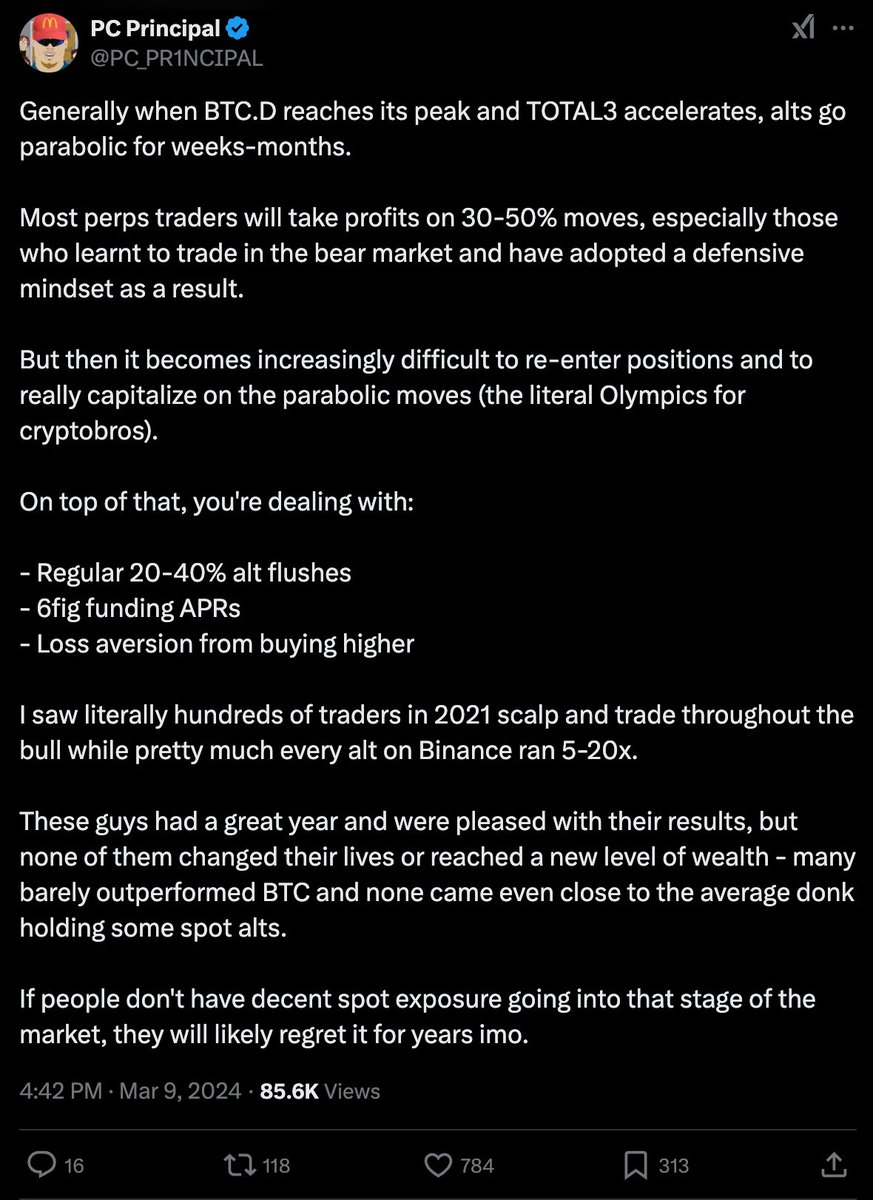 pakpakchicken's tweet photo. I’m seeing a lot of PTSD on my timeline. Too many bad takes imho.

Here are my current thoughts
→2025 Q1 - mini alt season  
→2026 Q1 - real alt season when CT collectively decided it peaked

The next market top signal will be different. I’ll share my out of this world game theory maybe at a later time. Had a chat with the very best at this game and they pinned it as one of the top signals.

On macro:
There’s a time for macro to shine, now is not the time. Been saying this for months. If you followed Macro, you would be sidelined this entire move.
 
Here are 2 post with good takes. Have a read.