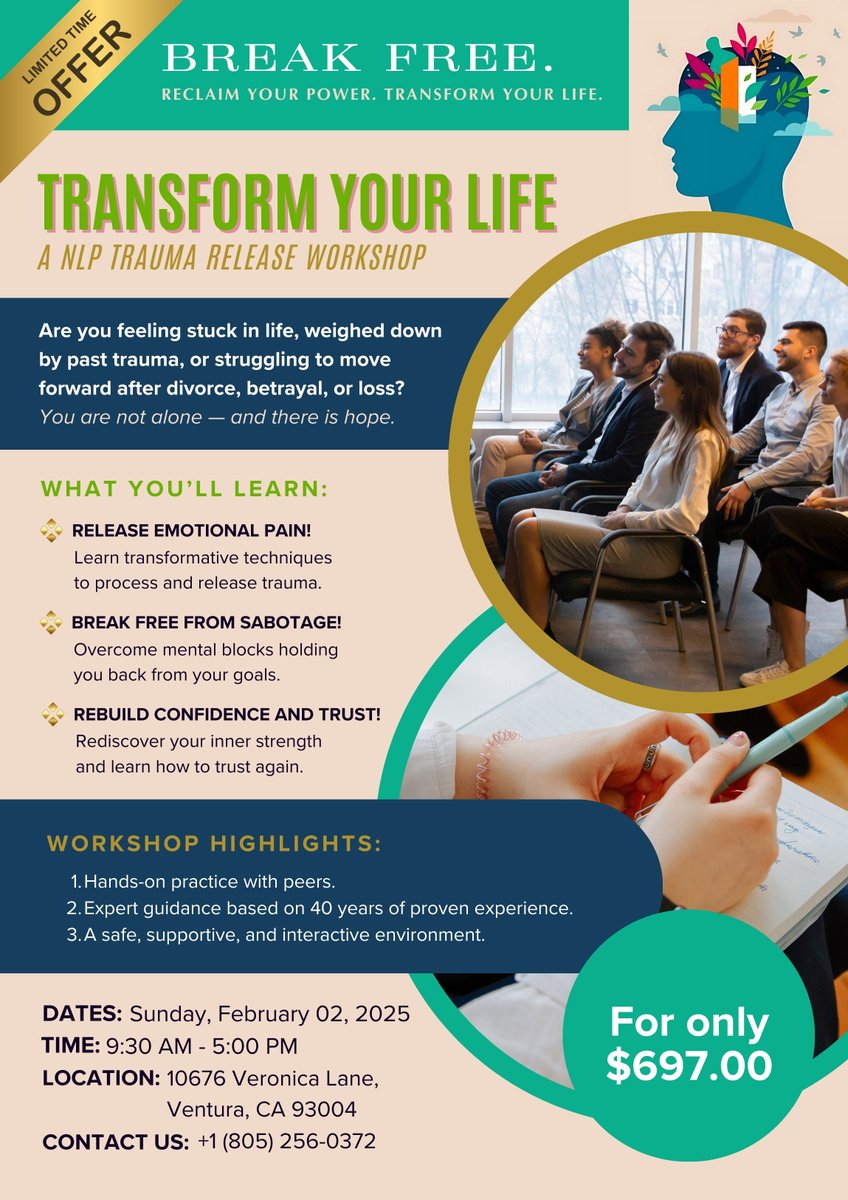 drmroth's tweet image. Are you ready to release the emotional pain that’s been holding you back? Join us for the NLP Trauma Release Workshop on Sunday, February 2 in Ventura, CA. Break Free. Reclaim Your Power. Transform Your Life.

#NLPWorkshop #TraumaHealing #EmpowerYourself #TransformYourLife