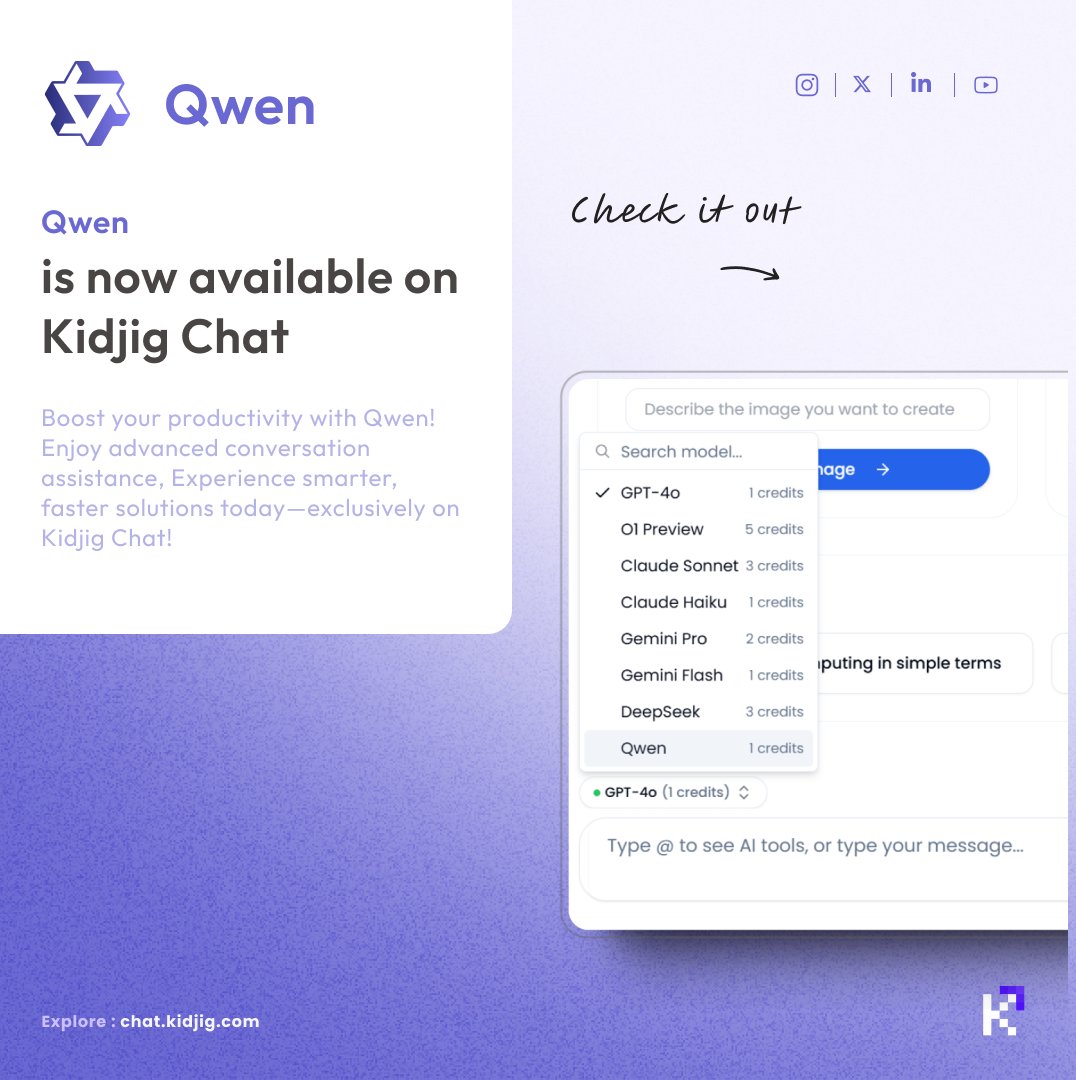 kidjigtech's tweet image. Qwen is now live on Kidjig Chat! 👑

Step up your productivity game with Qwen, our latest AI-powered tool for:
💬 Advanced conversation assistance
📖 Intelligent document summaries
🔍 Contextual analysis and insights
Experience the royal treatment as you explore smarter, faster…