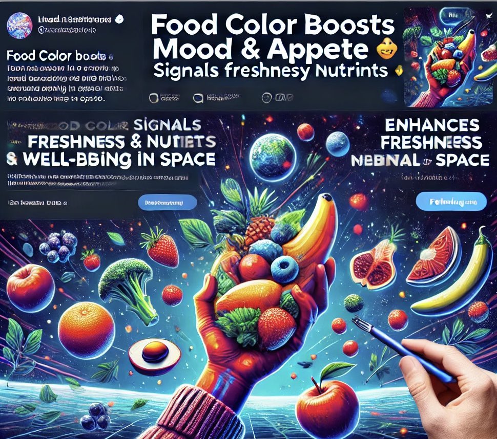 SpaceNodeus's tweet image. Why does food color matter in space? 
   •   Boosts appetite &amp;amp; mood in confined spaces
   •   Signals freshness &amp;amp; quality
   •   Ensures diverse nutrients (e.g., red = antioxidants, green = folate)
   •   Enhances mental well-being (colors impact emotions)
 #spacefood