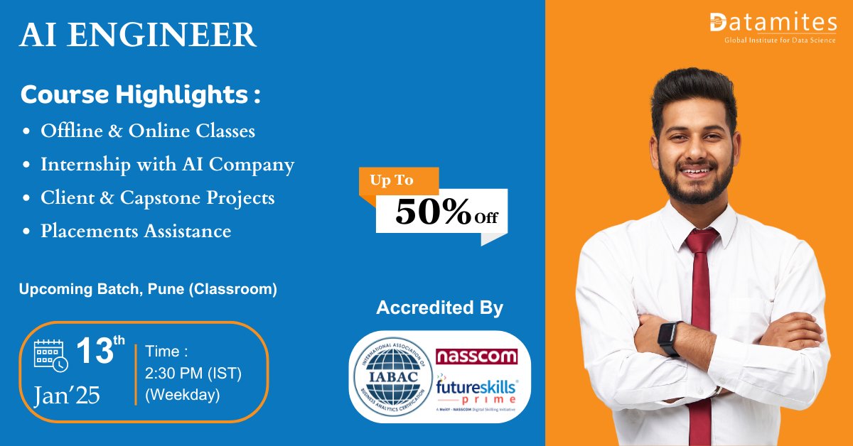 DataMites's tweet image. Ready to kickstart your career in Artificial Intelligence?

Join our AI Engineer Course in Pune and unlock endless possibilities!

Enroll now and take the first step toward your dream career: datamites.com/artificial-int…

#datamitesforaicourses #datamitespune #datasciencecoursepune