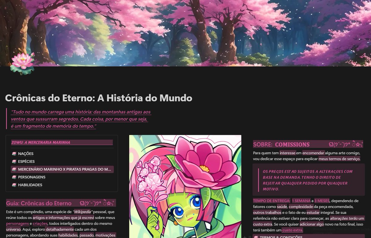 to trabalhando nesse projeto de ''wikipedia'' pessoal, aqui to salvando tudo q ja escrevi e criei sobre os personagens, e a construção do mundo
Falta escrever a lore de uns 20 e poucos ocs ainda, também tem uma parte reservada para comissions
Vou terminar tudo antes de postar