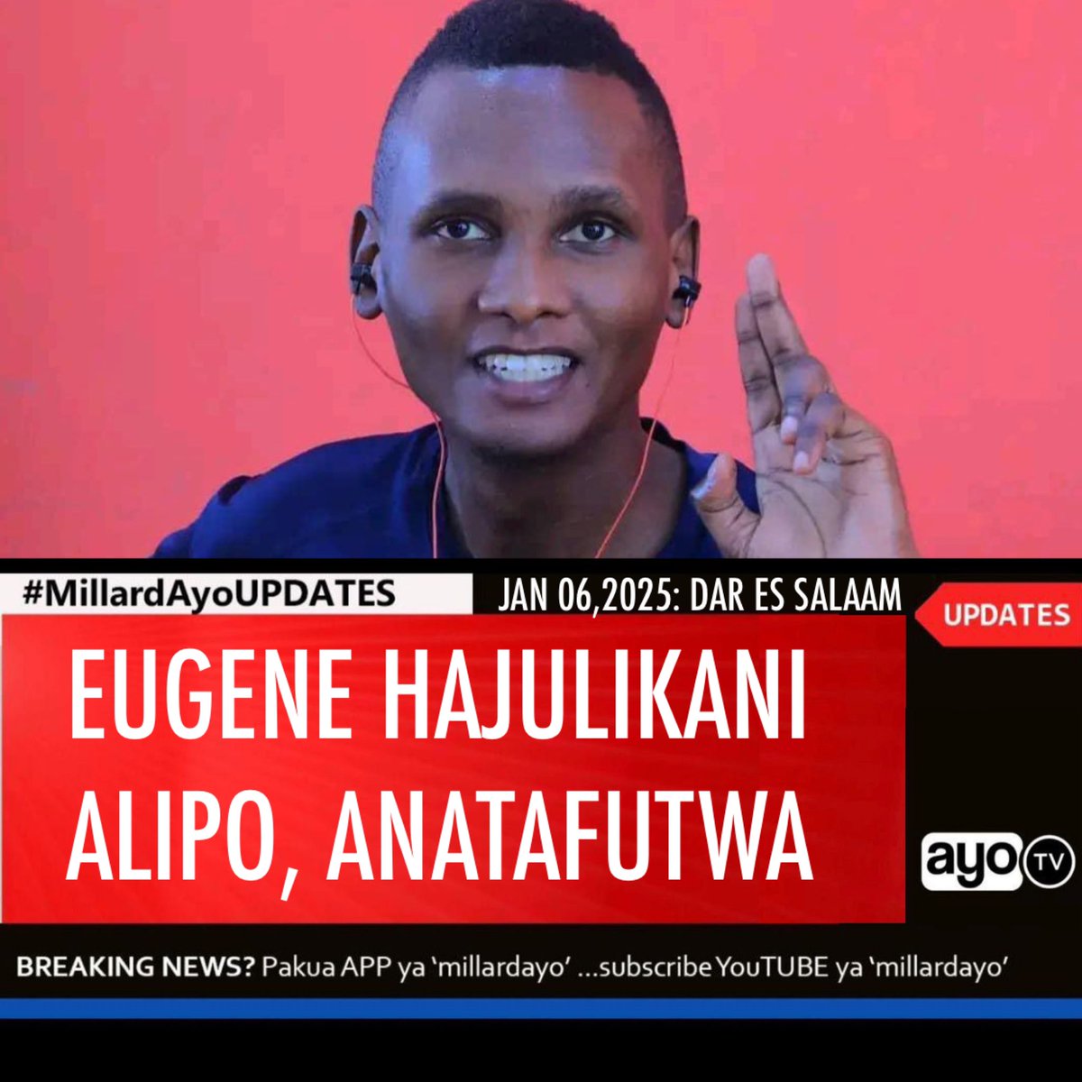 millardayo's tweet photo. Mwandishi wa Habari Eugen Peter anatafutwa na Familia yake pamoja na Ofisi yake ya @AyoTV_  Dar es salaam baada ya kutoweka bila kujulikana alipo leo ikiwa ni siku ya tisa.

Mara ya mwisho Eugene alionekana mazingira ya nyumbani kwake Jumapili December 29,2024 majira ya saa mbili usiku.

Familia akiwemo Baba yake Mzazi na Watu wa karibu wamethibitisha kutokuwa na mawasiliano naye tangu wakati huo ambapo Dar es saalam hajaonekana na kwao Arusha na Moshi hajafika huku simu zake zikiwa hazipatikani.

Baada ya jitihada kubwa za kumtafuta maeneo mbalimbali na kutoa taarifa ya kupotea kwake Polisi, AyoTV na Familia kwa pamoja tunaomba Mtu mwenye taarifa kumuhusu apige simu namba 0748400047 au aripoti kituo cha Polisi kilicho karibu nae.
#MillardAyoUPDATES