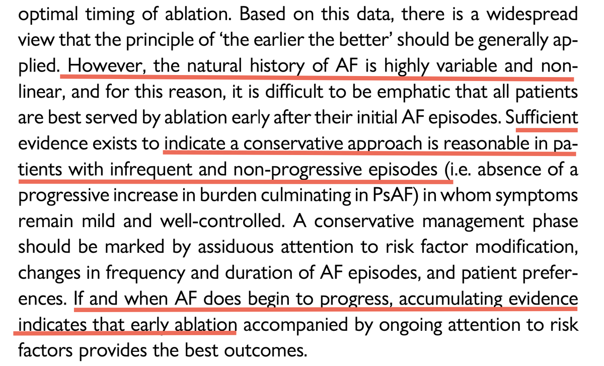pzhong2016's tweet photo. AF ablation timing: 
In non-progressed PAF, a conservative approach is reasonable in patients with infrequent and non-progressive episodes in whom symptoms remain mild and well-controlled. https://t.co/UnvVt6UIzR