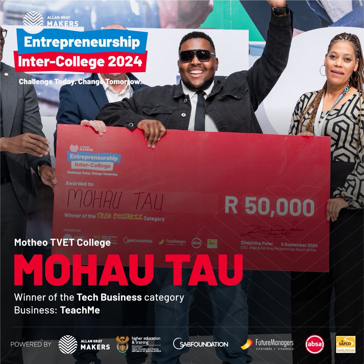 allangraymakers's tweet photo. Congratulations to Mohau Tau from Motheo TVET College, winner of the I Have a Tech Business category at the Inter-College Competition.
Let’s celebrate Mohau’s achievement and entrepreneurial spirit!
#AGM #InterCollege #TeachMeApp #TechBusiness https://t.co/VTA4sUpfsn