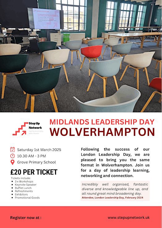 We hope everyone has a great first day back. 

You should start the year by securing a ticket for our annual leadership day in Wolverhampton.

eventbrite.co.uk/e/step-up-midl…

Exhibitor spaces are also available at the link above.