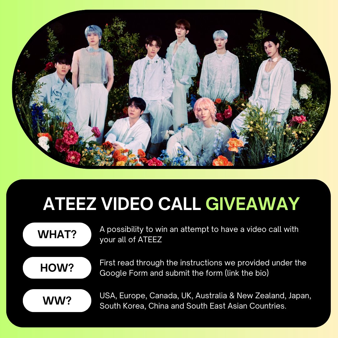 ✨ VIDEO CALL GIVEAWAY OPPORTUNITY~! ✨

Hi ATINYs! We're here to present you with a video call opportunity to talk with All of ATEEZ! The date of the video call event is to be decided at a later date!

All the rules are in the Google Form (link in our bio), don't forget to read