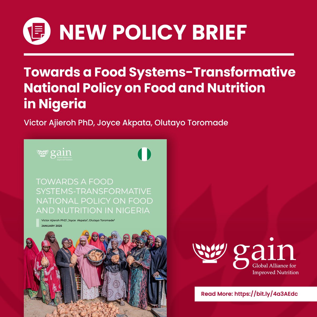 GAIN Nigeria (@gainalliance_ng) on Twitter photo ๐ฑ How can #Nigeria ensure #HealthyDiets and sustainable food systems for all?
Our new policy brief explores gaps, opportunities, & actionable solutions for a food systems-transformative nutrition policy. ๐พ
๐ Read it here: bit.ly/4a3AEdc
#FoodSystems <a href="/AjierohVictor/">Victor Ajieroh</a> ๐ฑ How can #Nigeria ensure #HealthyDiets and sustainable food systems for all?
Our new policy brief explores gaps, opportunities, & actionable solutions for a food systems-transformative nutrition policy. ๐พ
๐ Read it here: bit.ly/4a3AEdc
#FoodSystems <a href="/AjierohVictor/">Victor Ajieroh</a>