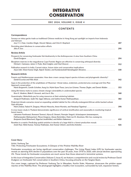 IntCon's tweet image. IC New Issue Online🌟
Explore diverse open-access research, including:
📜 Tokay Gecko Trade in Hong Kong
🌱 Plant Blindness in conservation
🐟 Freshwater Fish Biodiversity in Southern China
🌍 Climate Change & African Vultures
…and much more!
📖 Read now: onlinelibrary.wiley.com/toc/27709329/c…