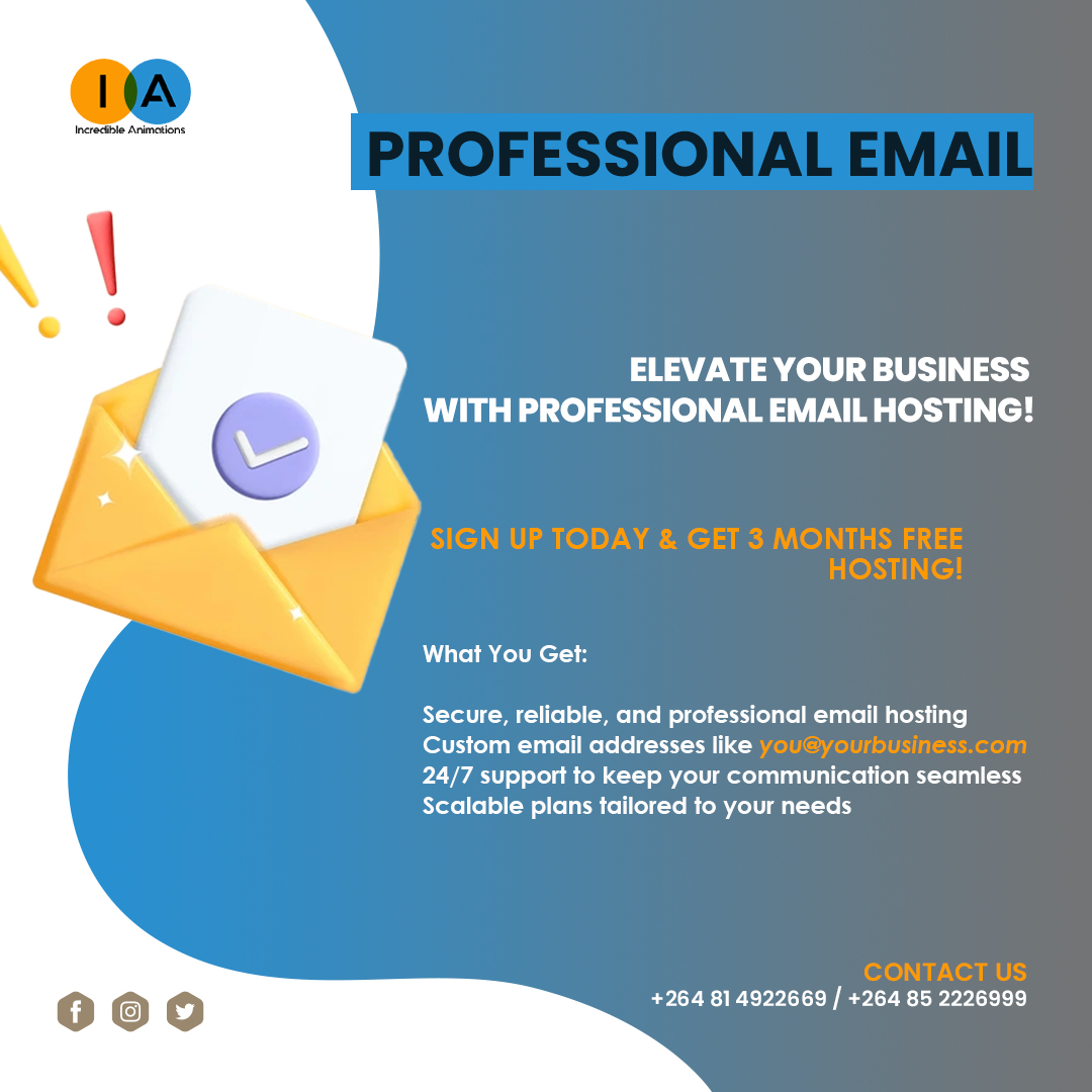 Stand out with a business email that boosts your credibility and trust. Say goodbye to generic email accounts and hello to professionalism!

Limited-Time Offer: Sign up now and enjoy 3 months of FREE hosting