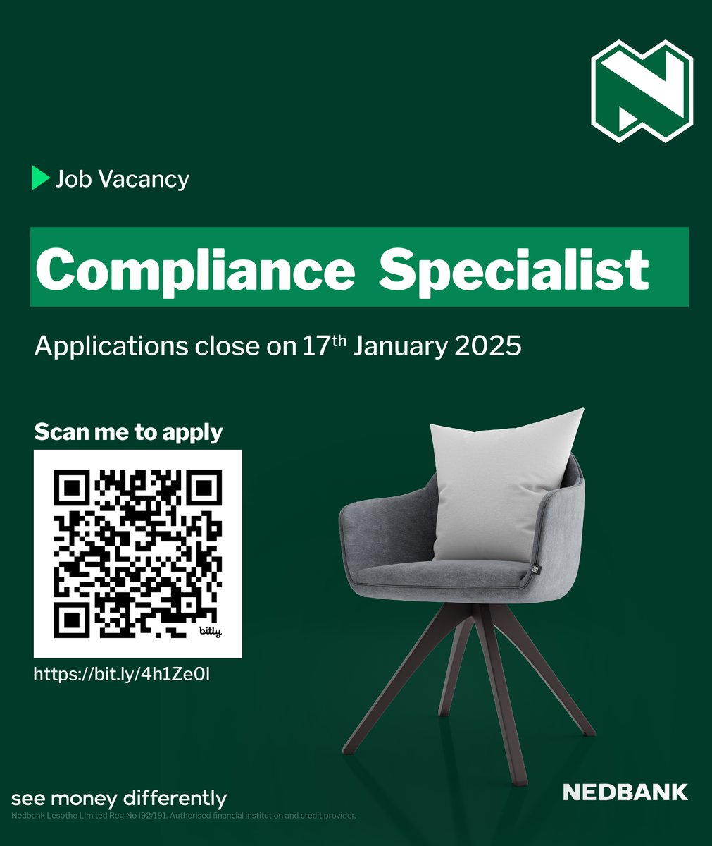 NedbankLes's tweet image. Do you want to be part of the Green Bank? Kickstart your year with an exciting opportunity!

We have a vacancy for the below position:
Compliance Specialist

To apply, click on this link: lnkd.in/dmXDep65
or scan the QR code below.

Closing date: 17th January 2025